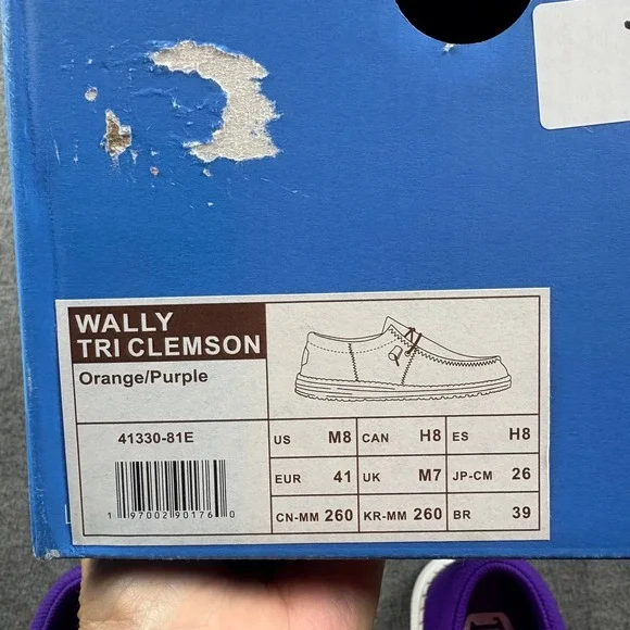 Hey Dude Wally Tri Clemson Orange Purple Men's Size 8 Casual Slip On Loafers NEW - Picture 12 of 16